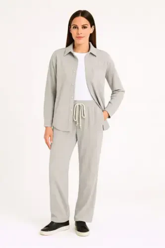 Velvet Oversize Set - Shirt and Pants Two Piece Set Smoke Gray Corduroy Elegance, Comfortable and Elegant Stance Soft Textured Velvet Fabric, Buttoned Shirt Top and Elasticated Pants Bottom Piece for All Day Comfort - Gray - 3