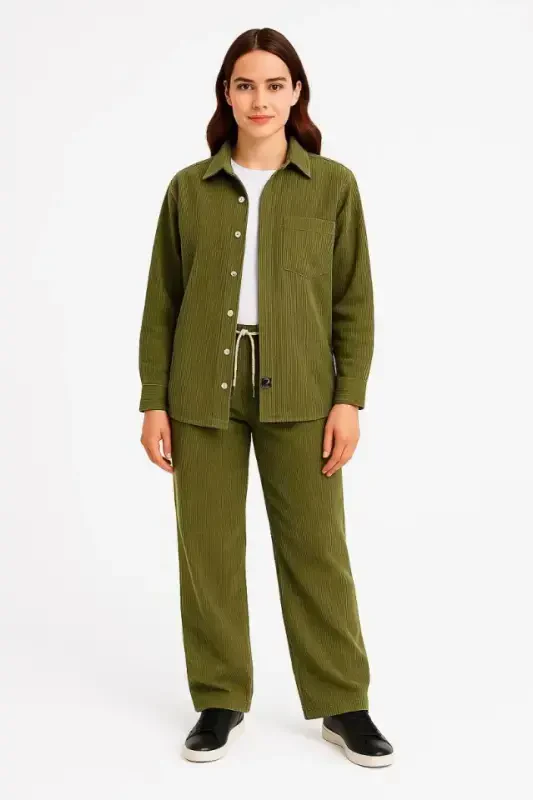 Velvet Oversize Set - Shirt and Pants Two Piece Set Smokey Corduroy Elegance, Comfortable and Elegant Stance Soft Textured Velvet Fabric, Buttoned Shirt Top and Elastic Waist Pants Bottom Piece for All Day Comfort - Khaki - 4