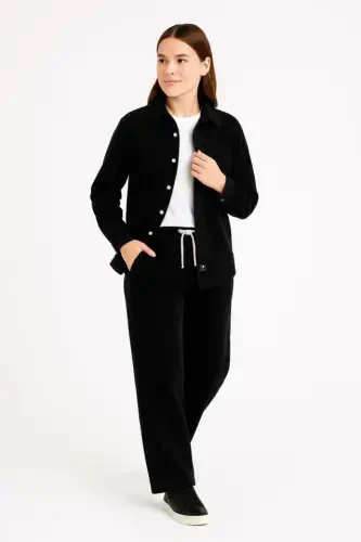 Velvet Oversize Set - Shirt and Pants Two Piece Set, Smoky Corduroy Elegance, Comfortable and Elegant Stance, Soft Textured Velvet Fabric, Buttoned Shirt Top and Elasticated Pants Bottom Piece for All Day Comfort - Black - 1