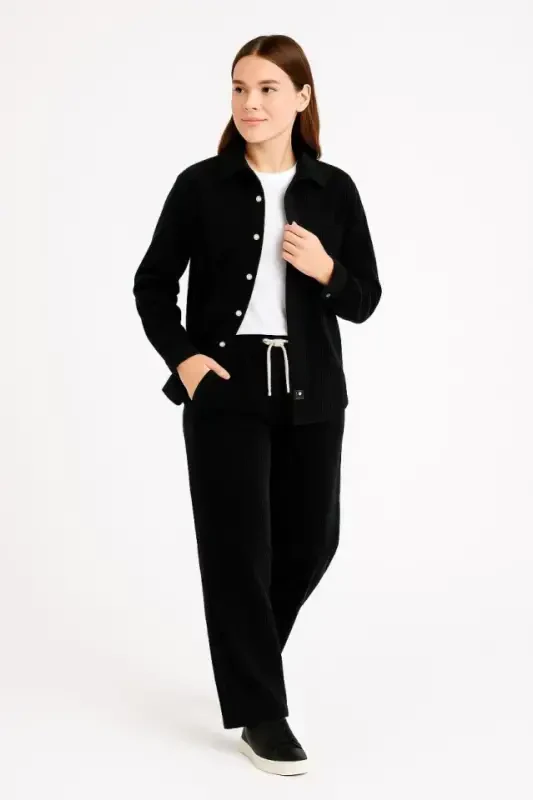 Velvet Oversize Set - Shirt and Pants Two Piece Set, Smoky Corduroy Elegance, Comfortable and Elegant Stance, Soft Textured Velvet Fabric, Buttoned Shirt Top and Elasticated Pants Bottom Piece for All Day Comfort - Black - 1