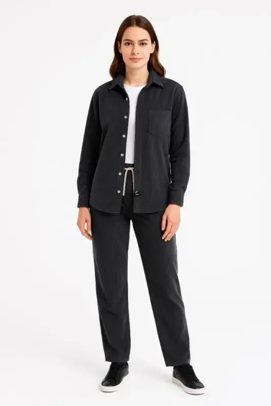 Velvet Oversize Set - Shirt and Pants Two Piece Set, Smoky Corduroy Elegance, Comfortable and Elegant Stance, Soft Textured Velvet Fabric, Buttoned Shirt Top and Elasticated Pants Bottom Piece for All Day Comfort - Black - 2