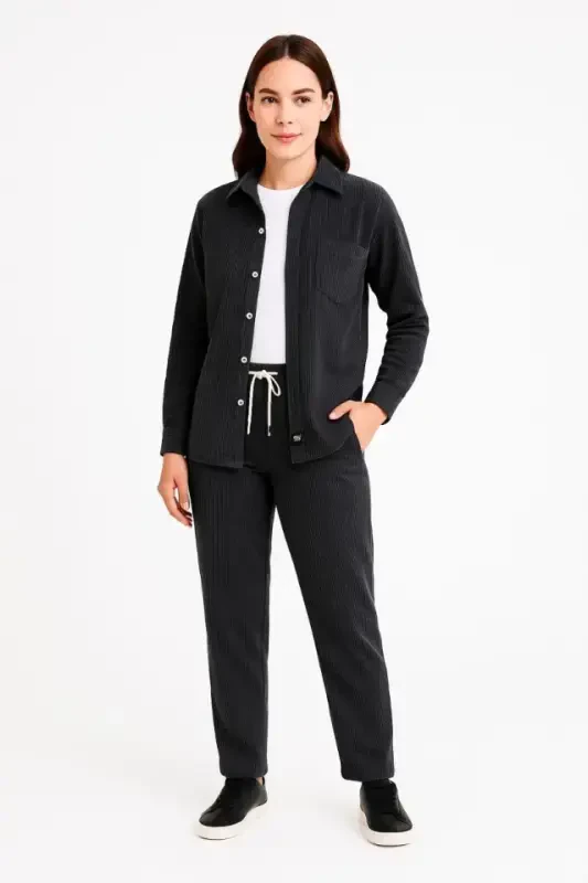 Velvet Oversize Set - Shirt and Pants Two Piece Set, Smoky Corduroy Elegance, Comfortable and Elegant Stance, Soft Textured Velvet Fabric, Buttoned Shirt Top and Elasticated Pants Bottom Piece for All Day Comfort - Black - 3