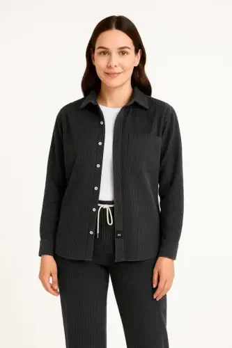 Velvet Oversize Set - Shirt and Pants Two Piece Set, Smoky Corduroy Elegance, Comfortable and Elegant Stance, Soft Textured Velvet Fabric, Buttoned Shirt Top and Elasticated Pants Bottom Piece for All Day Comfort - Black - 4