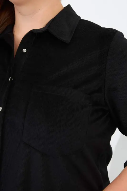 Velvet Plus Size Sleeve Snap Shirt Black - 2