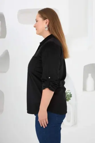 Velvet Plus Size Sleeve Snap Shirt Black - 3