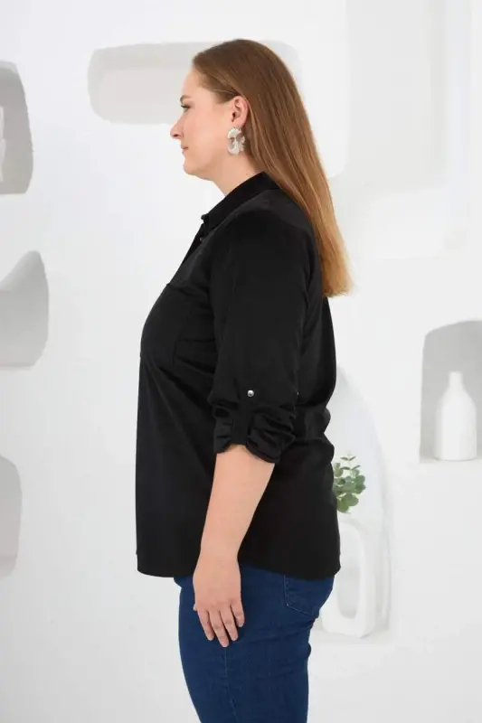 Velvet Plus Size Sleeve Snap Shirt Black - 3