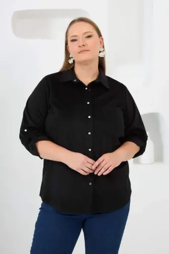 Velvet Plus Size Sleeve Snap Shirt Black - 1