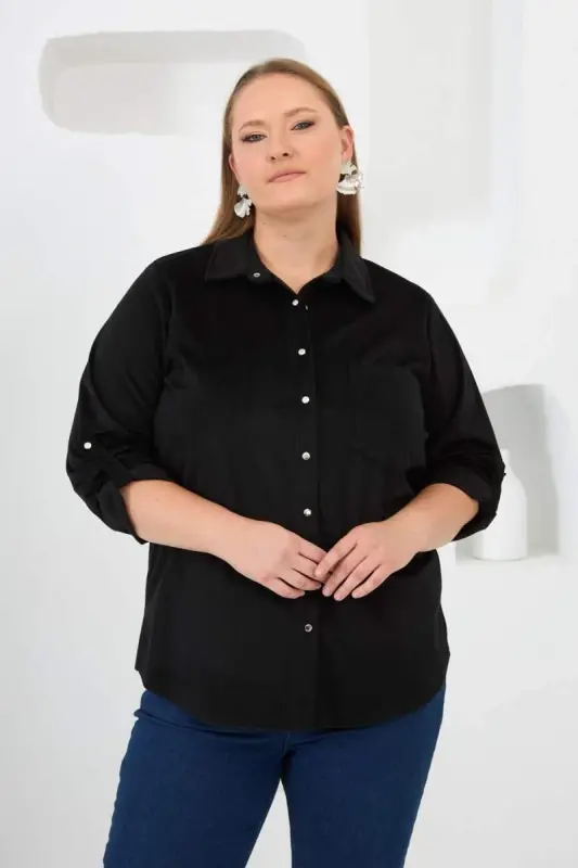 Velvet Plus Size Sleeve Snap Shirt Black - BÜYÜKBEDENIZ