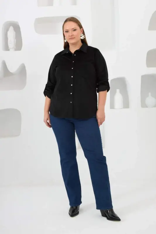 Velvet Plus Size Sleeve Snap Shirt Black - 5