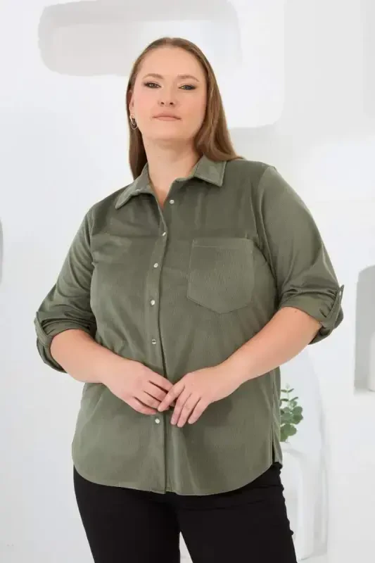 Velvet Plus Size Sleeve Snap Shirt Khaki - BÜYÜKBEDENIZ