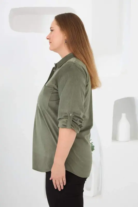 Velvet Plus Size Sleeve Snap Shirt Khaki - 2