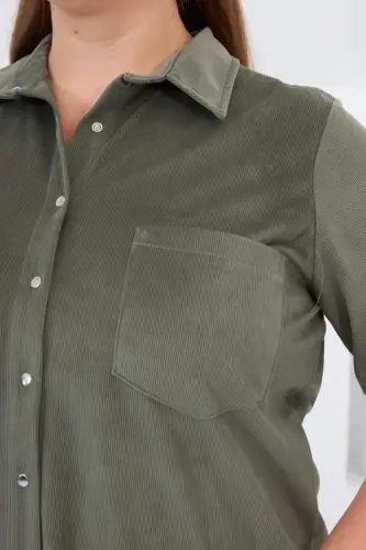 Velvet Plus Size Sleeve Snap Shirt Khaki - 3