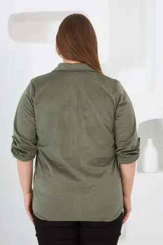 Velvet Plus Size Sleeve Snap Shirt Khaki - 4