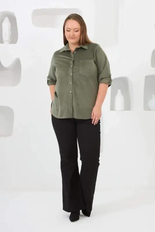 Velvet Plus Size Sleeve Snap Shirt Khaki - 5