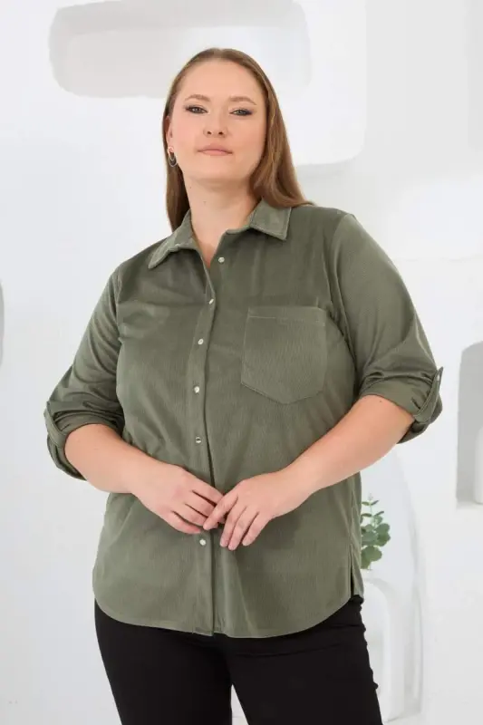 Velvet Plus Size Sleeve Snap Shirt Khaki - 1