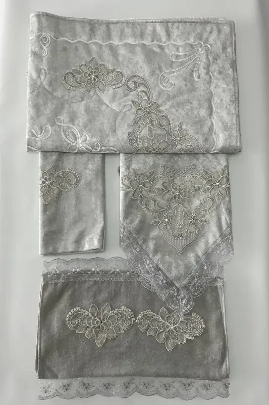 Velvet Prayer Rug Set 4 Pieces - Dowry Velvet Prayer Rug Set 4 Pcs-Gray - 1