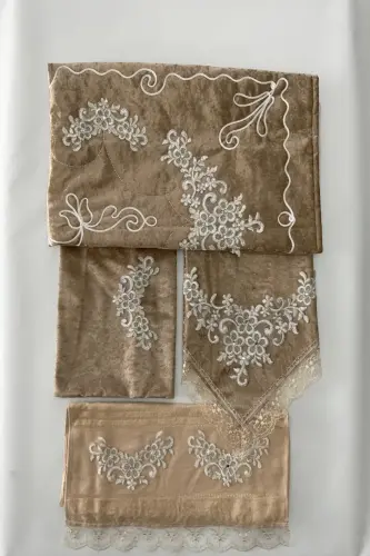 Velvet Prayer Rug Set 4 Pieces - Dowry Velvet Prayer Rug Set 4-Piece - Cappucino 