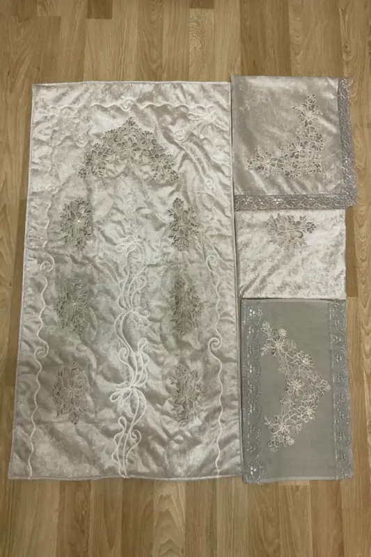 Velvet Prayer Rug Set 4 Pieces - Dowry Velvet Prayer Rug Set of 4-Gray1 - 2