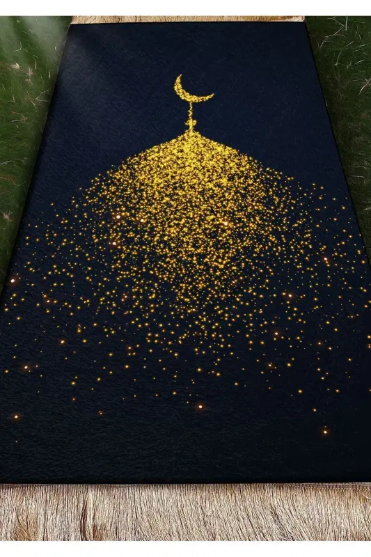 Velvet Prayer Rug Washable Dowry Gift Prayer Rug Foldable (70X120CM)-Gold Black - 11
