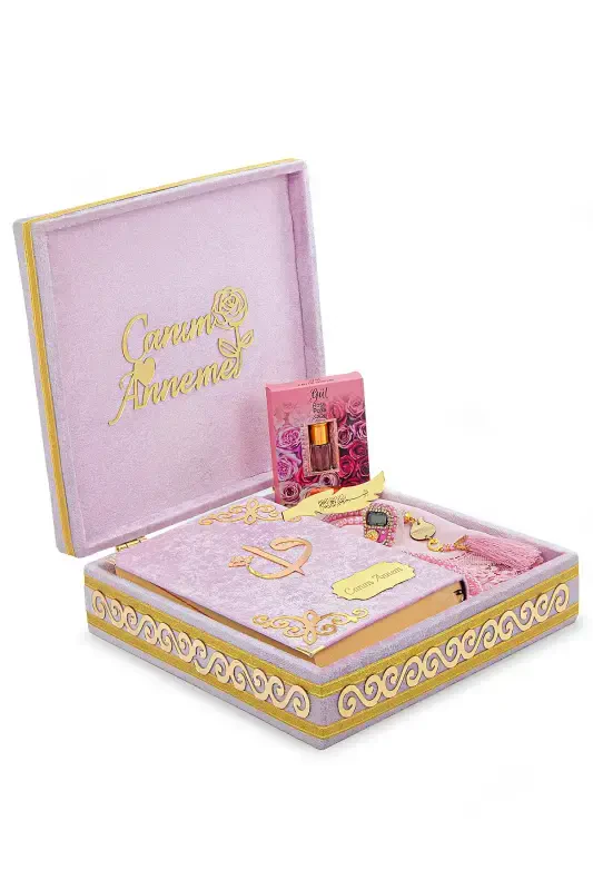 Velvet Quran Sharif Set with Box, Shawl, Rosary, Essence, Digital Tasbeeh and Prayer Rug Set Pink for Mother's Day - IHVAN ONLINE