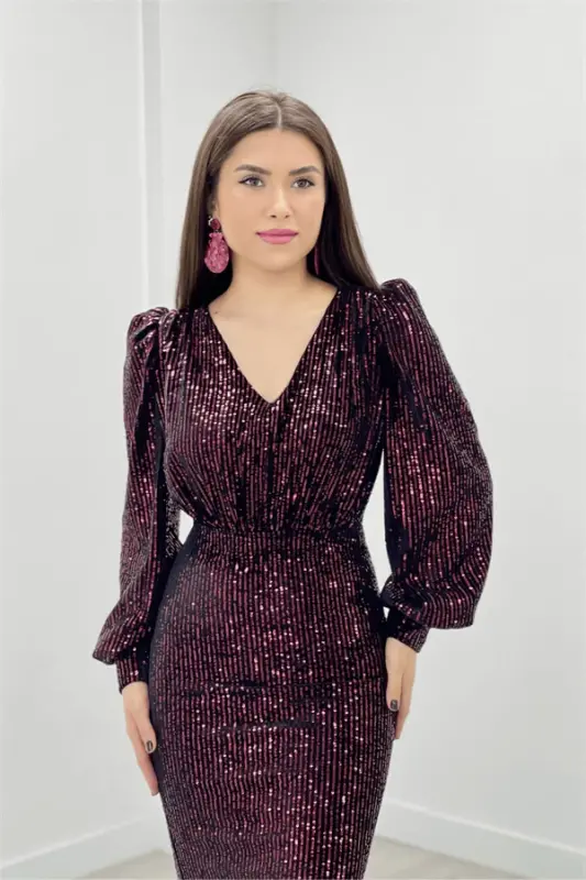 Velvet Sequin Fabric Fishtail Dress - BURGUNDY - 3
