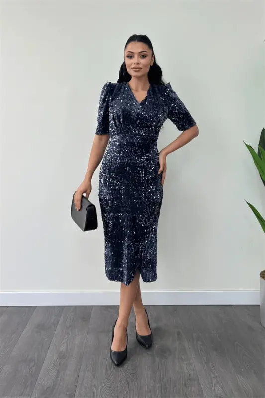 Velvet Sequin Jacket Dress - NAVY - 1