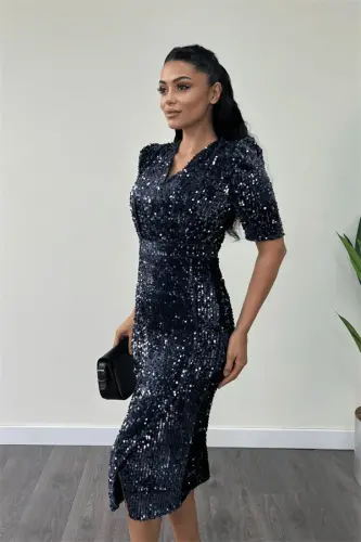 Velvet Sequin Jacket Dress - NAVY - 4