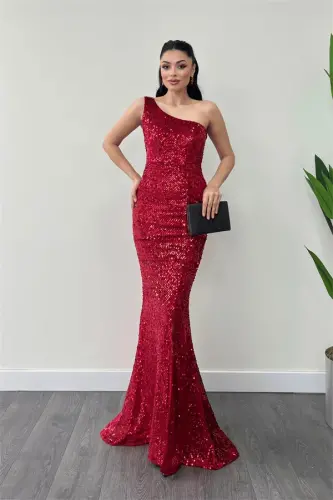 Velvet Sequin One Shoulder Evening Dress - RED - 1