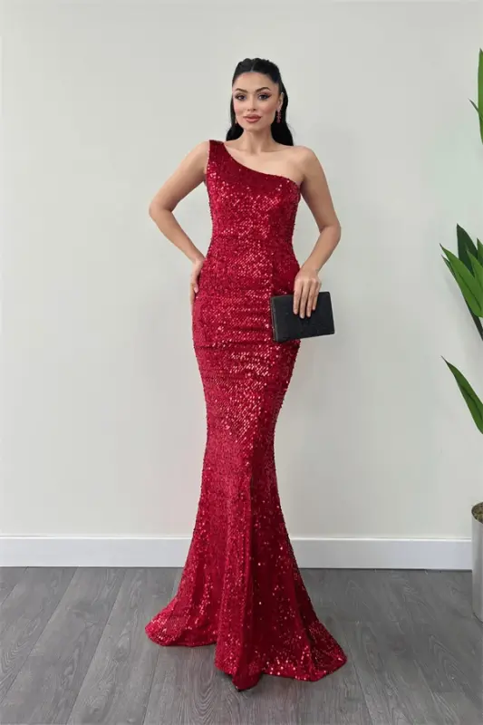 Velvet Sequin One Shoulder Evening Dress - RED - 1