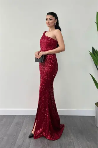 Velvet Sequin One Shoulder Evening Dress - RED - BÜYÜKBEDENIZ (1)