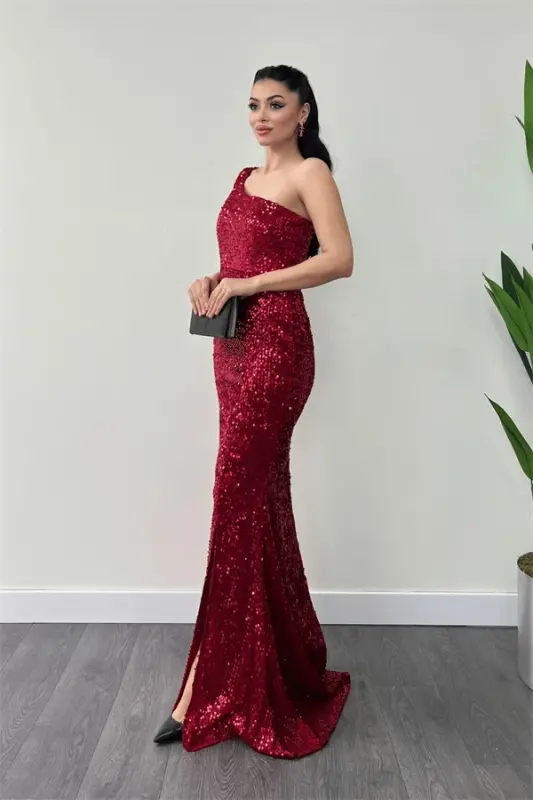 Velvet Sequin One Shoulder Evening Dress - RED - 2