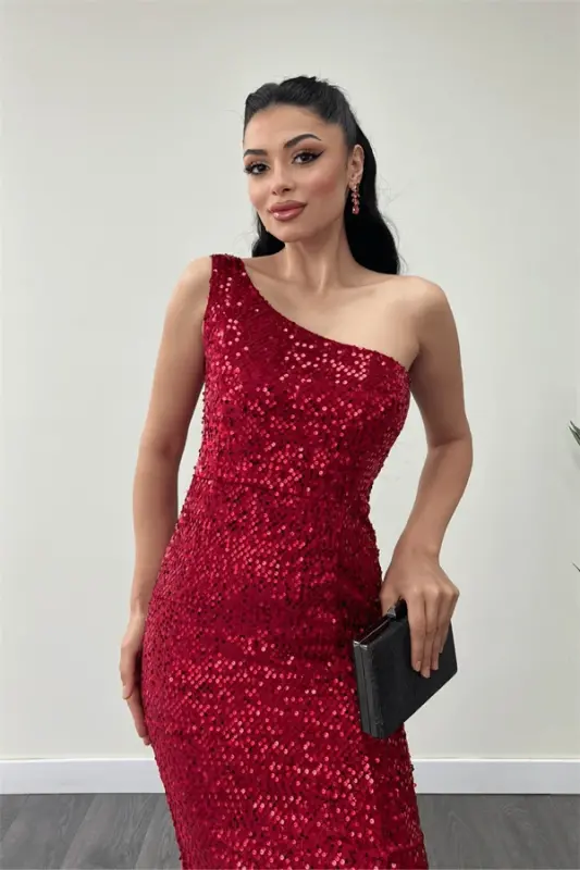 Velvet Sequin One Shoulder Evening Dress - RED - 3