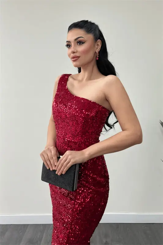 Velvet Sequin One Shoulder Evening Dress - RED - 4