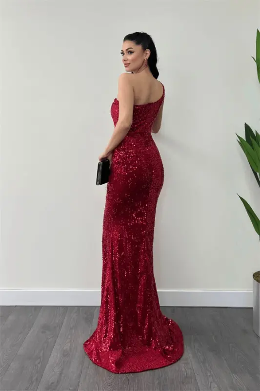 Velvet Sequin One Shoulder Evening Dress - RED - 5