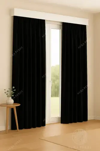 Velvet Textured Blackout Curtain Aura Curtain,Adjustable Pleated Curtain-Black - Modazone (1)