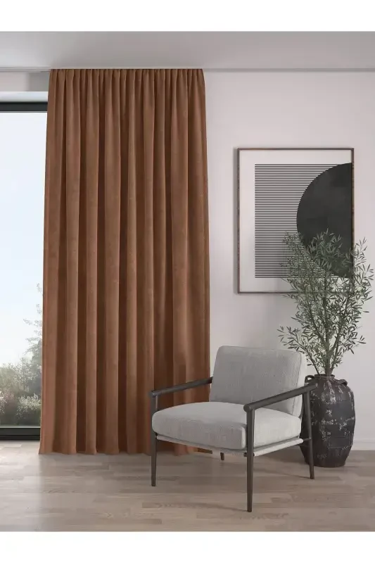 Velvet Textured Extrafor Gathered Tiramisu Color High Quality Curtain Single Panel-Tiramisu - DEMOR HOME