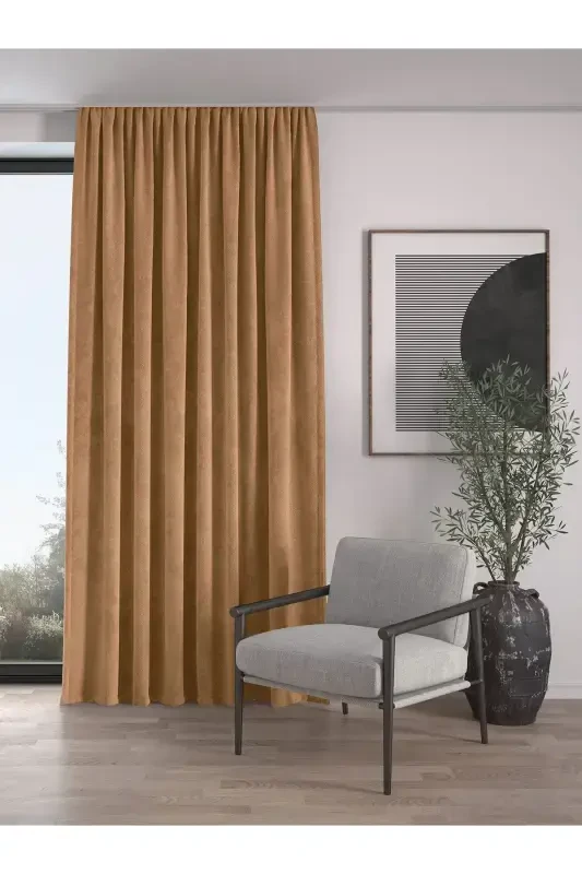 Velvet Textured Extrafor Pleated Cashew Color High Quality Curtain Single Panel-Cashew - DEMOR HOME