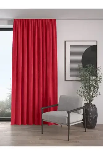 Velvet Textured Extrafor Pleated Empire Red High Quality Curtain Single Panel-Empire Red - 1