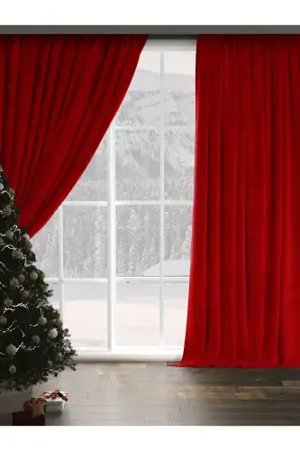Velvet Textured Extrafor Pleated Empire Red High Quality Curtain Single Panel-Empire Red - 7