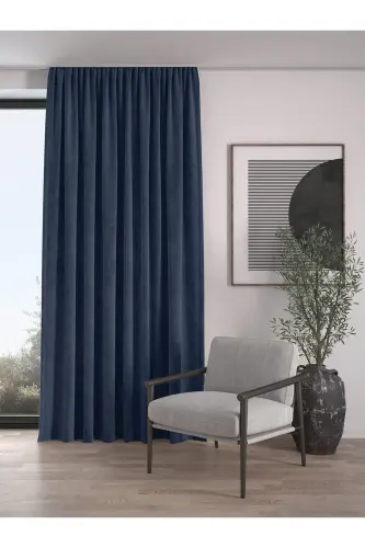 Velvet Textured Extrafor Pleated Navy Blue High Quality Blackout Curtain Single Panel - 2