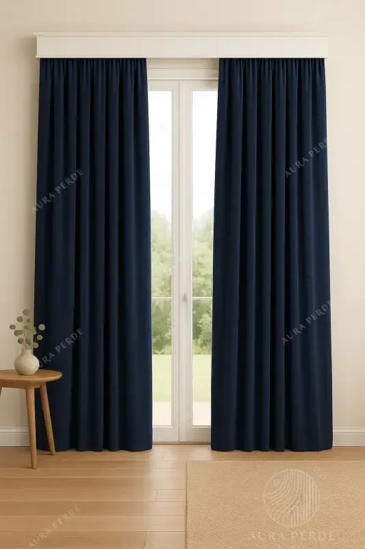 Velvet Textured Extrafor Pleated Navy Blue High Quality Curtain Aura Curtain, Adjustable Pleated Curtain-Navy Blue - 1