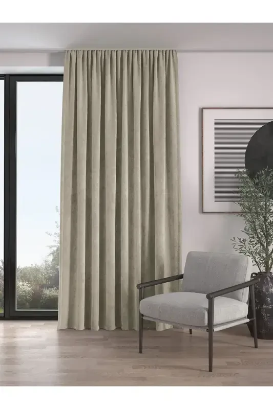 Velvet Textured Extrafor Pleated Pebble Stone Color High Quality Curtain Single Panel-Pebble Stone - 1