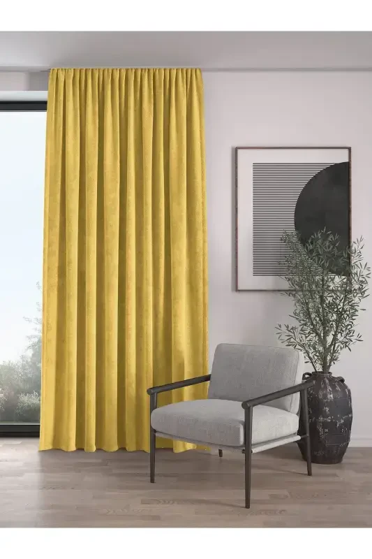 Velvet Textured Extrafor Pleated Persian Lily Yellow High Quality Curtain Single Panel-Persian Lily Yellow - DEMOR HOME