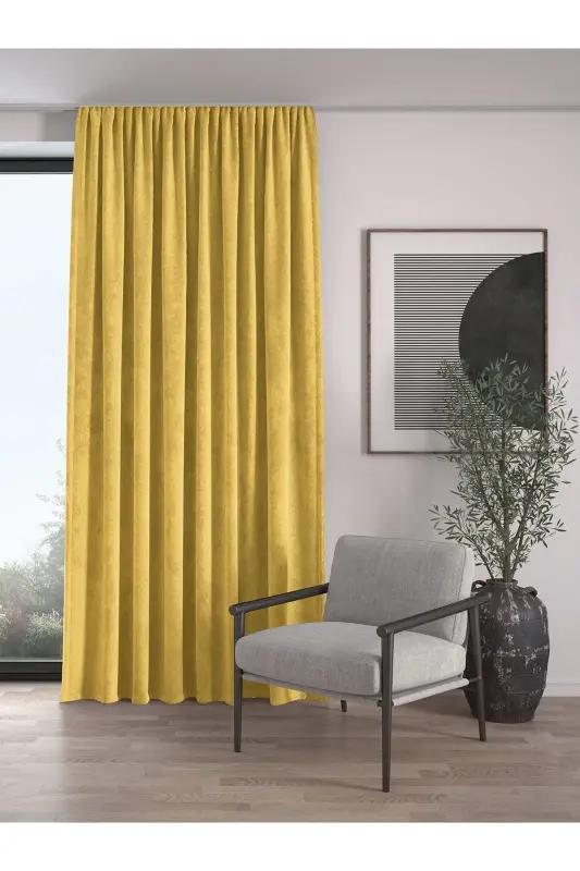 Velvet Textured Extrafor Pleated Persian Lily Yellow High Quality Curtain Single Panel-Persian Lily Yellow - 1