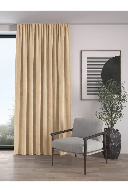 Velvet Textured Extrafor Pleated Sand Beige High Quality Curtain Panel-Sand Beige - 1