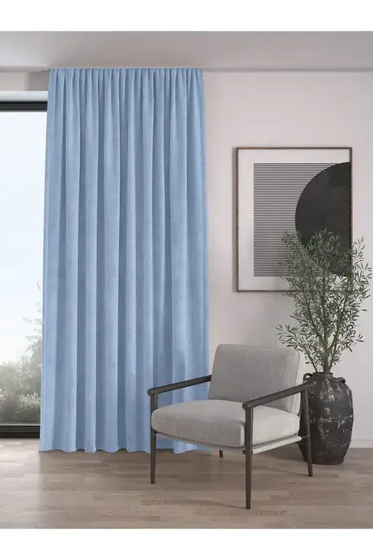 Velvet Textured Extrafor Pleated Sky Blue High Quality Curtain Panel-Sky Blue - DEMOR HOME