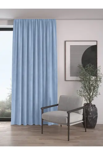 Velvet Textured Extrafor Pleated Sky Blue High Quality Curtain Panel-Sky Blue 