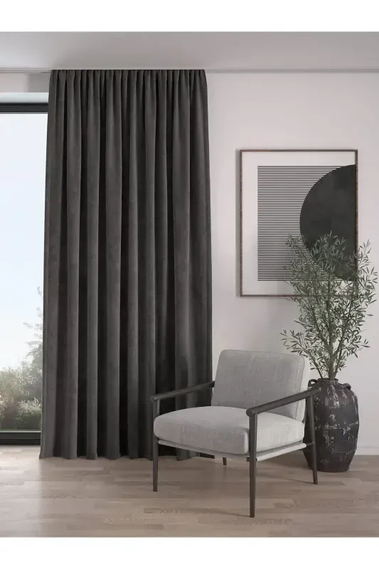 Velvet Textured Extrafor Pleated Smoke Grey High Quality Curtain Panel Single-Smoke Grey - DEMOR HOME
