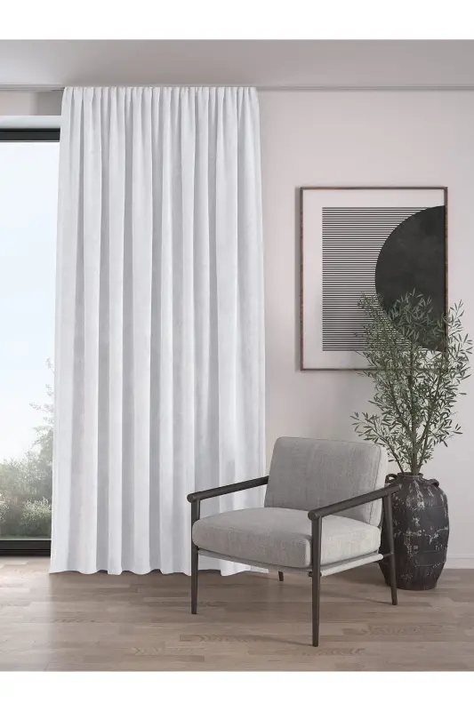 Velvet Textured Extrafor Pleated Snow White High Quality Curtain Panel Single-Snow White - DEMOR HOME