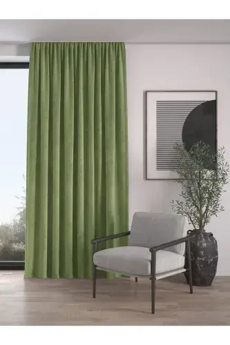 Velvet Textured Extrafor Shirred Sweet Green High Quality Curtain Panel-Sweet Green - 1